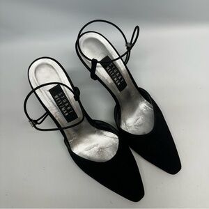 STUART WEITZMAN Black Satin Heels Rhinestone Detail Elastic Ankle Straps 8.5 B